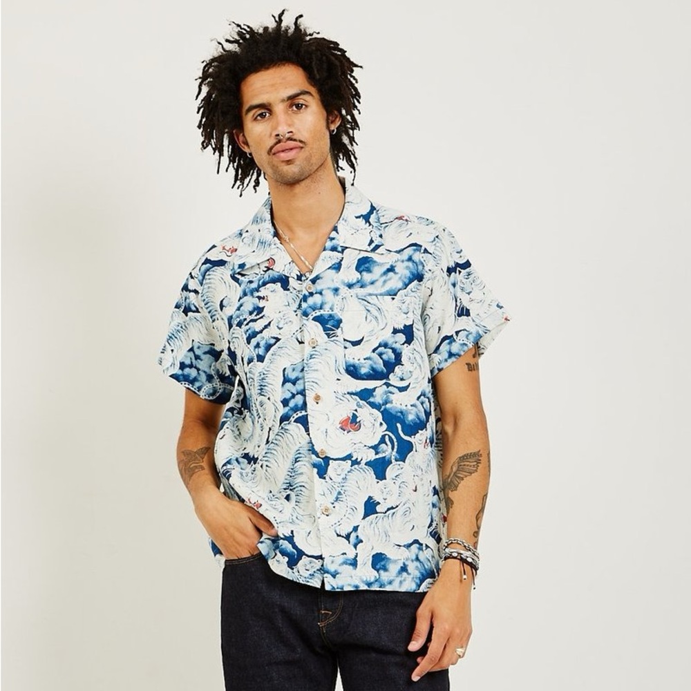 Naked & Famous Denim Short-Sleeve Tiger Print Button-Up in Blue, White and Red